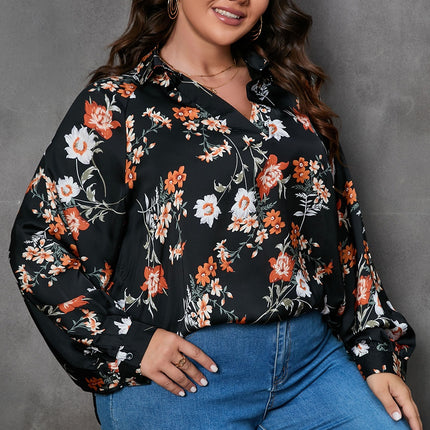 Plus Size Printed Johnny Collar Long Sleeve Blouse