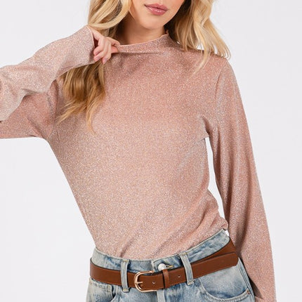 SAGE + FIG Glitter Mock Neck Lettuce Hem Long Sleeve Top