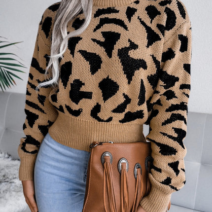 Leopard Round Neck Dropped Shoulder Sweater