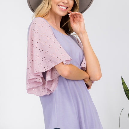 Celeste Full Size Contrast Eyelet Ruffle Sleeve Blouse