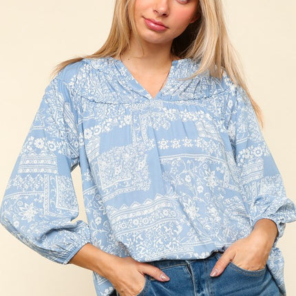 Haptics Full Size Printed Notched Balloon Sleeve Blouse