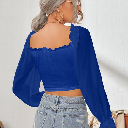 Mesh Sweetheart Neck Flounce Sleeve Top