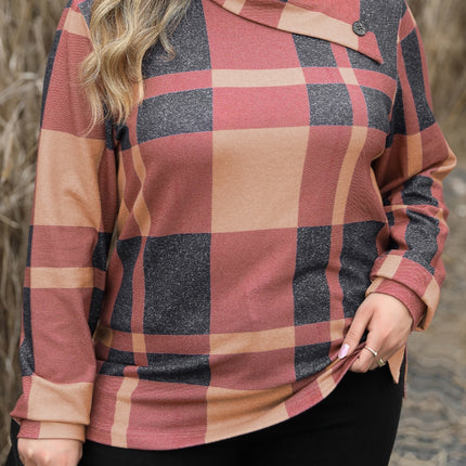 Plus Size Plaid Cowl Neck Long Sleeve Sweatshirt