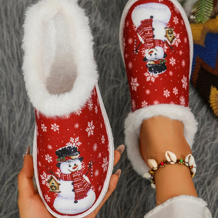 Snowman Print Flat Slippers with Faux Fur