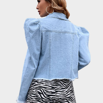 Raw Hem Collared Neck Puff Sleeve Denim Top