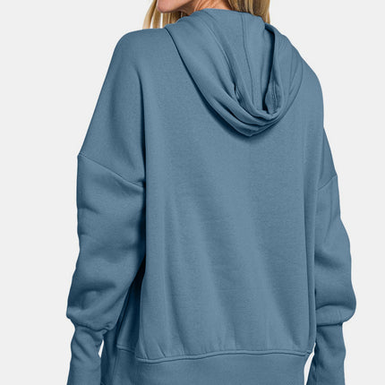 Zenana Half Snap Long Sleeve Hoodie with Kangaroo Pocket