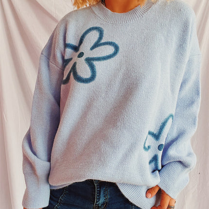 Flower Round Neck Long Sleeve Sweater