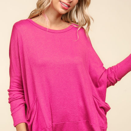 Haptics Dolman Long Sleeve Oversized Knit Top with Pockets