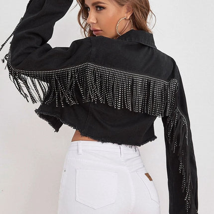 Fringe Detail Collared Neck Cropped Denim Jacket