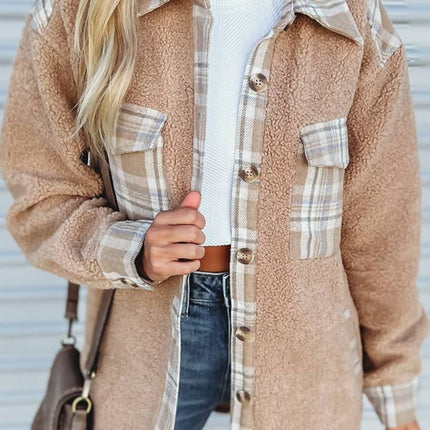 Pocketed Plaid Collared Neck Sherpa Jacket