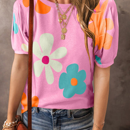 Flower Round Neck Short Sleeve Blouse