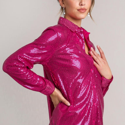 Umgee Sequin Long Sleeve Shirt with Side Chest Pocket