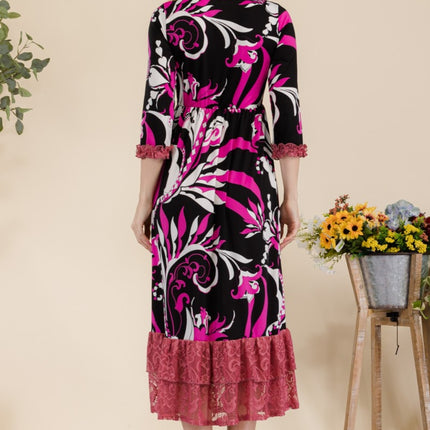 Celeste Full Size Paisley Print Lace Ruffled Midi Dress