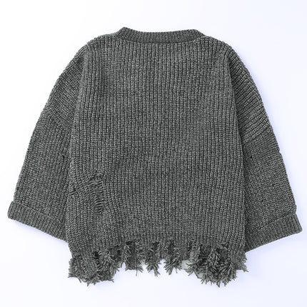 Distressed Round Neck Drop Shoulder Sweater