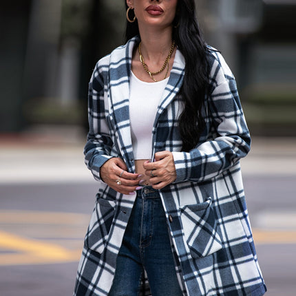 Shiny Plaid Shawl Collar Coat with Pockets