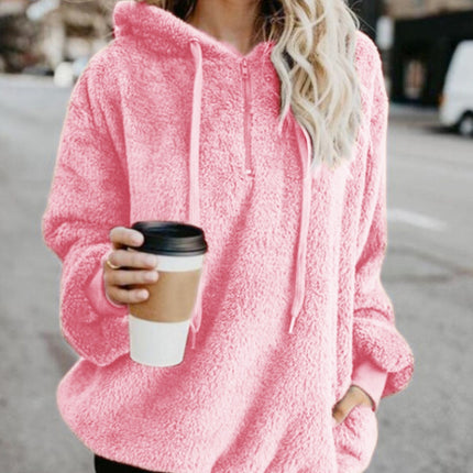 Full Size Quarter-Zip Drawstring Teddy Hoodie