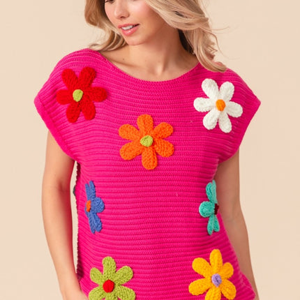 BiBi Flower Round Neck Cap Sleeve Knit Top