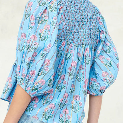 Smocked Floral Print Tie Neck Blouse