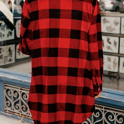 Plaid Collared Neck Snap Down Long Sleeve Jacket