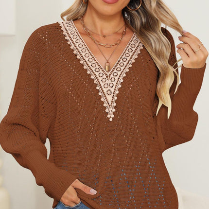 Lace Detail V-Neck Long Sleeve Sweater