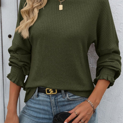 Ribbed Round Neck Long Sleeve T-Shirt - Vickie Lynn's