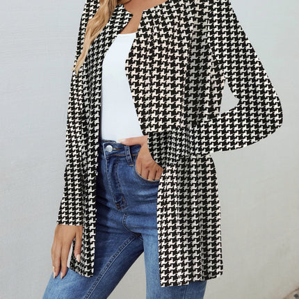 Houndstooth Open Front Long Sleeve Jacket