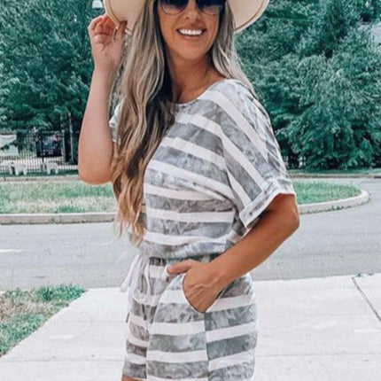 Striped Round Neck Top and Shorts Set