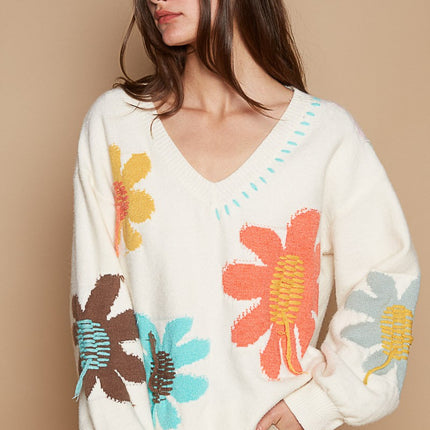 POL V-Neck Long Sleeve Flower Fringe Sweater