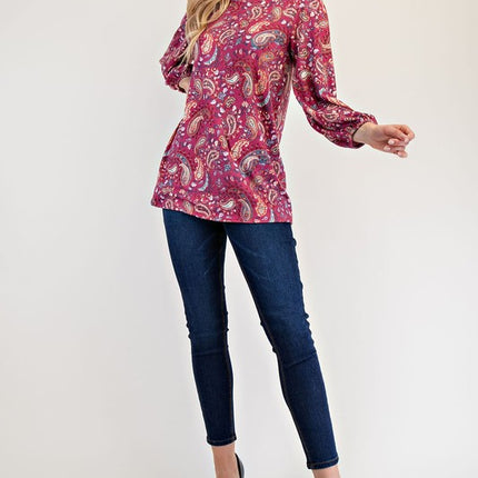 Celeste Full Size Paisley Round Neck Balloon Sleeve Top