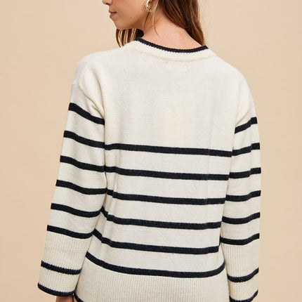 Annie Wear Side Slit Striped Round Neck Sweater