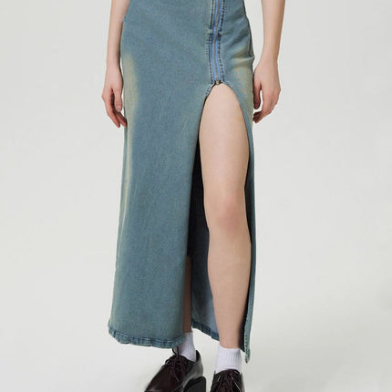 Slit Denim Skirt with Zip