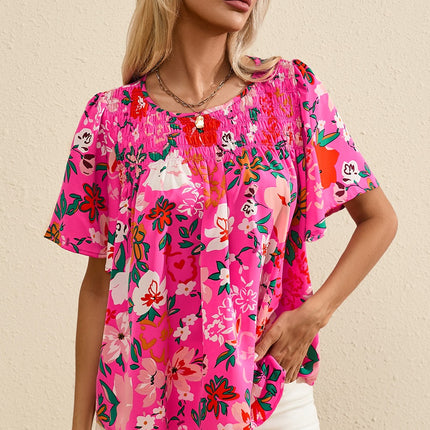 Smocked Printed Round Neck Half Sleeve Blouse