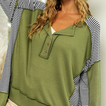 Striped Exposed Seam Half Button Sweatshirt