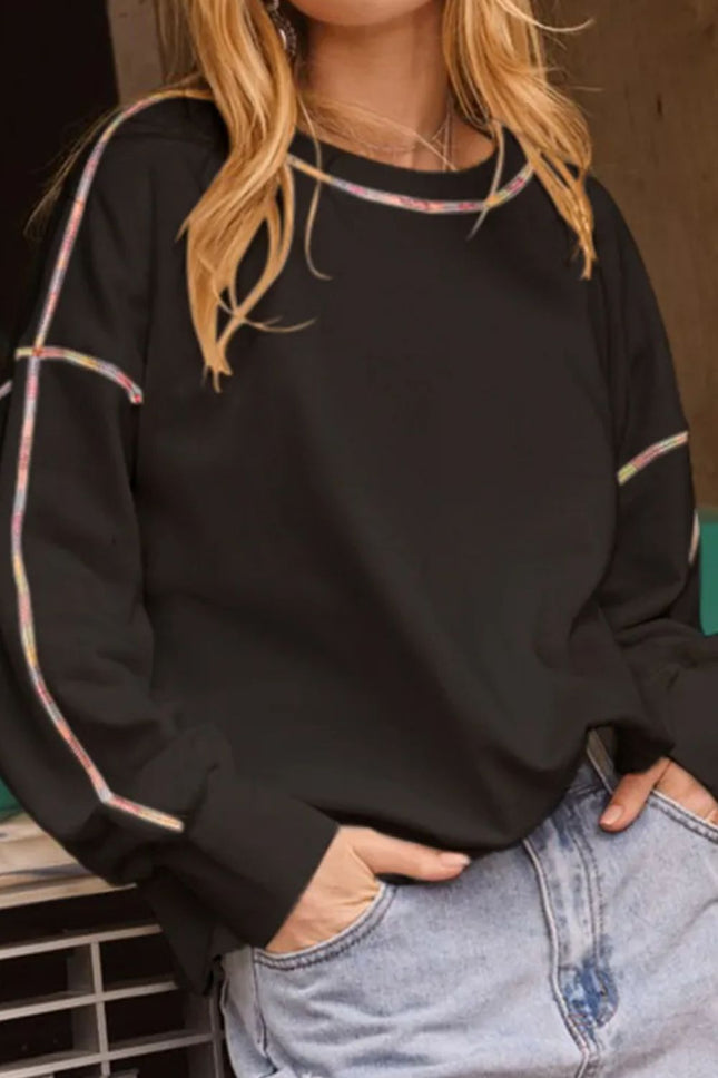 Rainbow Trim Round Neck Long Sleeve Sweatshirt - Vickie Lynn's