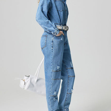 Distressed Button Down Drop Shoulder Denim Jumpsuit