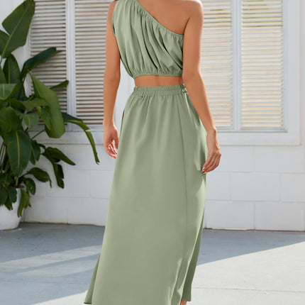 Ruched One Shoulder Top and Slit Skirt Set