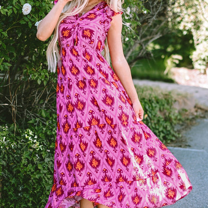 Twisted Printed Cap Sleeve Midi Dress