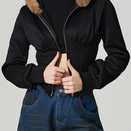 Zip Up Long Sleeve Fuzzy Hem Hooded Jacket