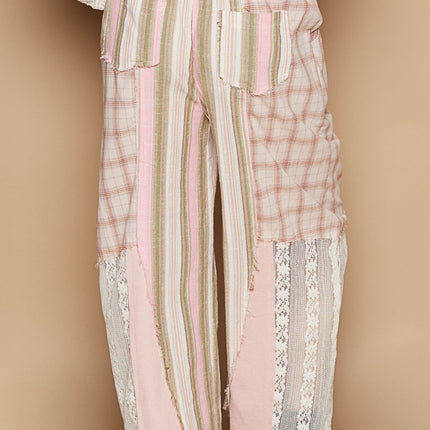 POL Drawstring Plaid Print Lace Straight Pants