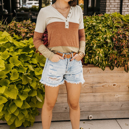 Color Block V-Neck Long Sleeve Top