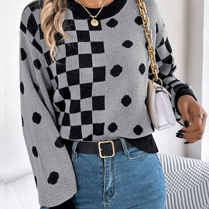 Plaid Round Neck Long Sleeve Sweater