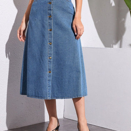 Buttoned Midi Denim Skirt with Pockets