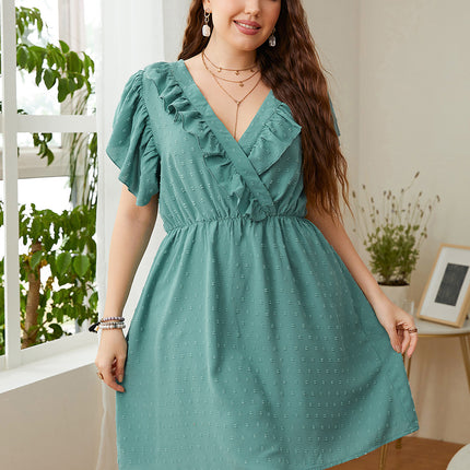 Plus Size Swiss Dot Ruffled Surplice Flutter Sleeve Mini Dress