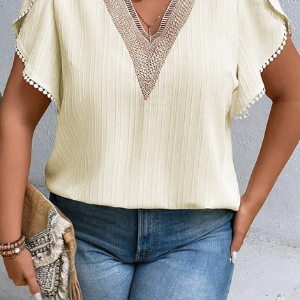 Plus Size V-Neck Petal Sleeve Blouse