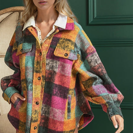 Double Take Full Size Button Up Plaid Fleece Shacket with Pockets