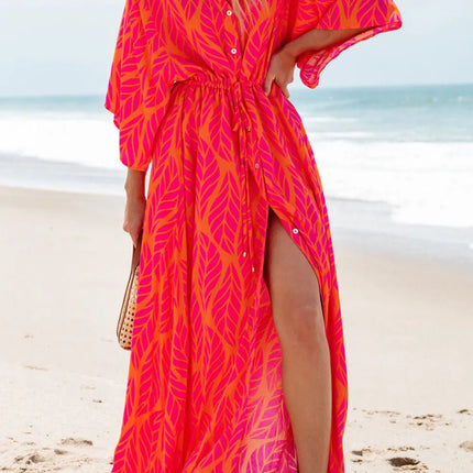 Drawstring Printed V-Neck Maxi Dress