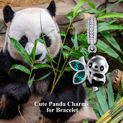 925 Sterling Silver & Austrian Crystal Cute Smiling Panda Eating Bamboo Charm for Bracelet Necklace Gift