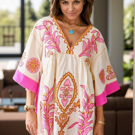 Printed V-Neck Three-Quarter Sleeve Mini Dress - Vickie Lynn's