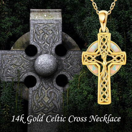 14K Gold Celtic Knot Opal Cross Pendant Necklace for Women