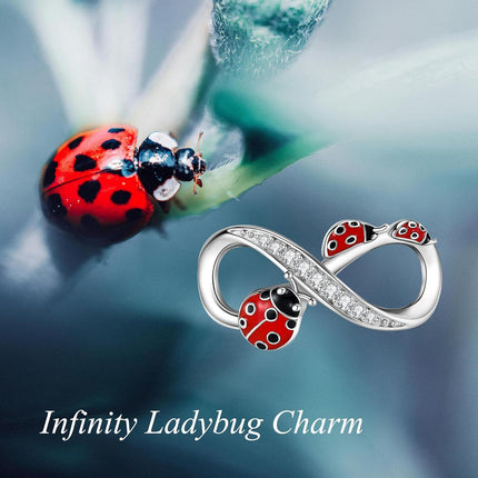 925 Sterling Silver Infinity Love Red Black Ladybug Pendant Bracelet & Necklace Set for Women's Gift